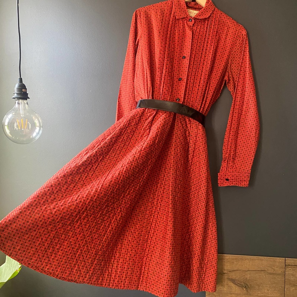 Vintage 1950's Mr. Mort Lord & Taylor Quilted Red Secretary Belted Midi Dress - Picture 7 of 12